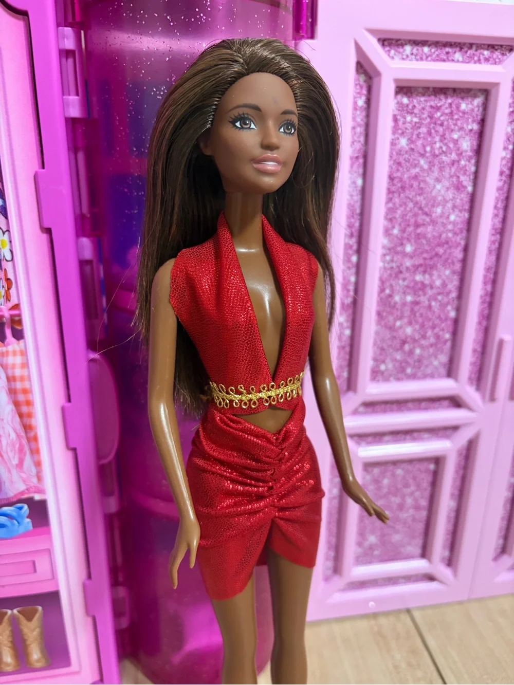 Barbie Red Halter Ruched Dress with Gold Chain Waist